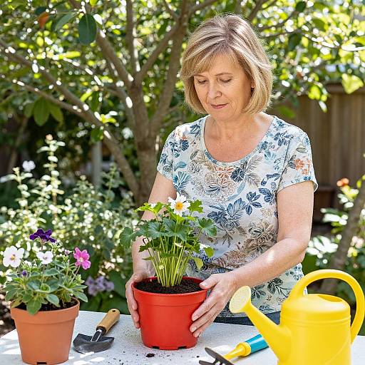 Middle-Aged Woman Gardening in Backyard