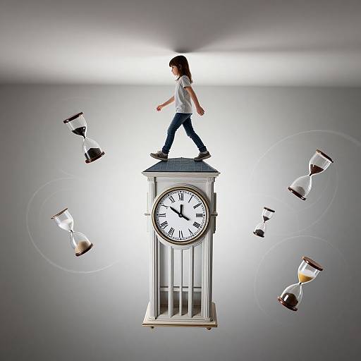 Photograph of a girl in a white shirt and blue jeans, walking on a floating clock tower, surrounded by floating hourglasses.