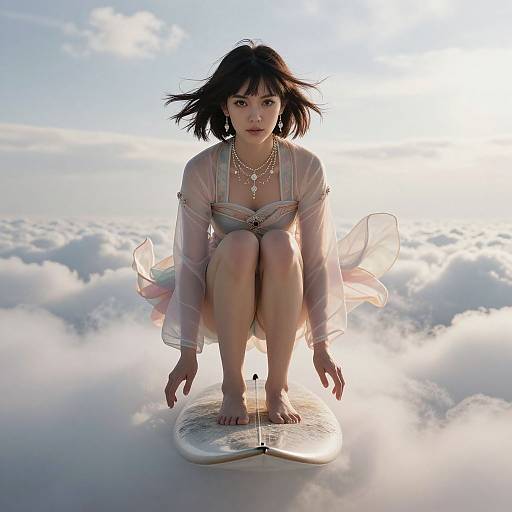 Photorealistic digital artwork of a young Asian woman with black hair, wearing a sheer, pink dress and pearl necklace, crouching on a surf