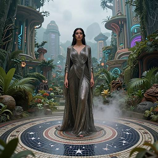Photorealistic CGI of a woman with long black hair in a shimmering, silver, long-sleeve dress, standing on a circular mosaic floor