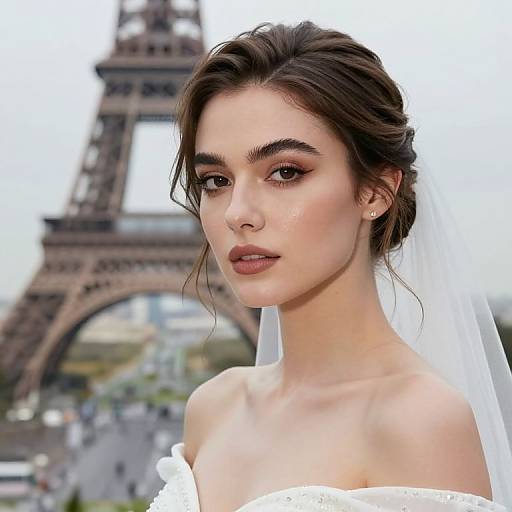 Photograph of a beautiful young woman with fair skin, brown hair in an updo, wearing a white off-shoulder dress and veil, standing