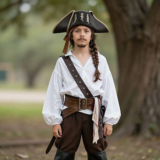 Photograph of a young boy dressed as a pirate, wearing a black tricorn hat, white shirt, brown pants, and leather belt, standing in