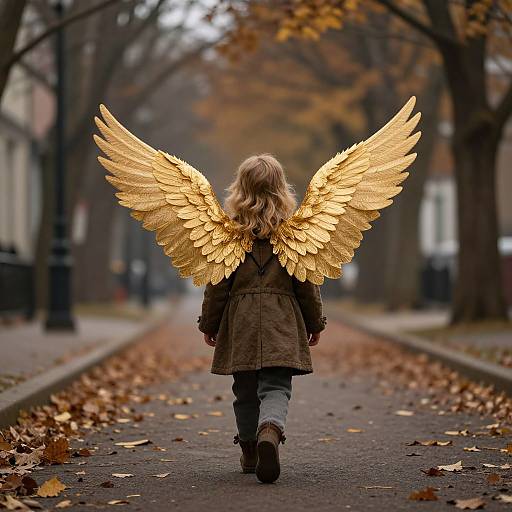Photograph of a blonde child with golden angel wings, walking down a leaf-covered autumn path, wearing a brown coat and boots.