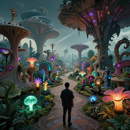 Digital artwork of a futuristic, vibrant forest with glowing mushrooms, towering alien-like plants, and a silhouetted figure walking a winding path.