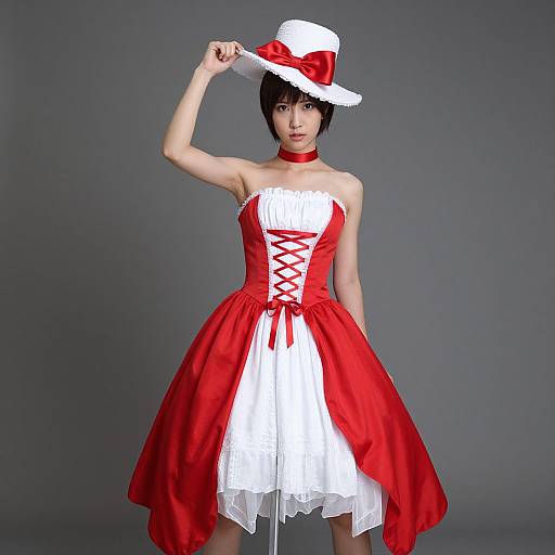 Photograph of an Asian woman in a red and white strapless dress with lace-up corset, white lace hem, red bow, and white hat