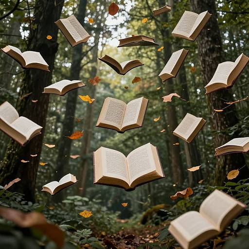 Photograph of open books floating in a dense, sunlit forest, with fallen leaves scattered around, creating a magical, ethereal atmosphere.