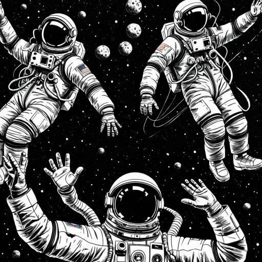 Black and White Sketch of Astronauts Floating in Space