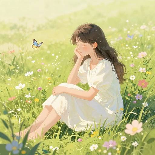 Digital anime-style illustration of a young woman with long brown hair, wearing a white dress, sitting in a sunlit meadow, gently touching her cheek