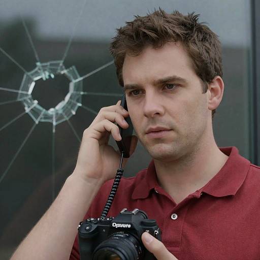 Serious Man with Phone and Broken Glass