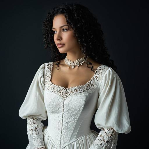 Woman in White Renaissance Dress with Lace Neckline