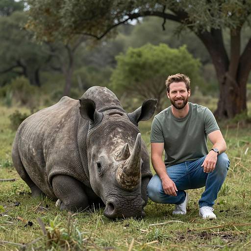 Man and Rhino in Serene Forest