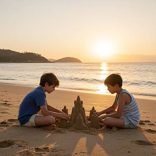 Photograph of two young boys building a sandcastle at sunset on a golden beach, wearing blue and striped shirts, with a sunlit ocean and distant
