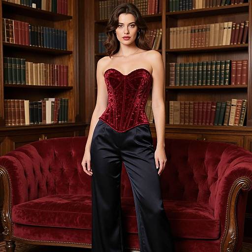 Photograph of a confident woman with dark hair in a red velvet corset and black satin pants, standing in a library with wooden bookshelves and