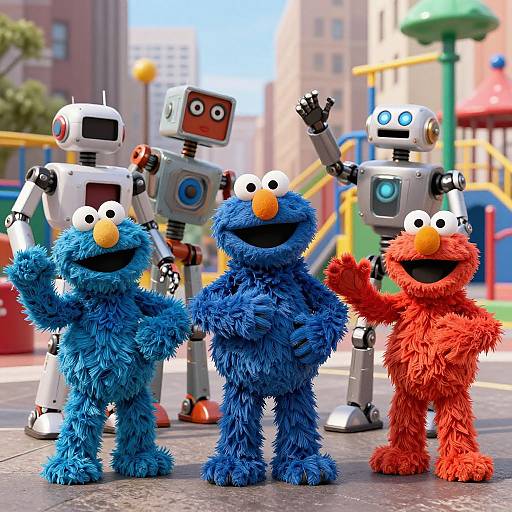 Photograph of three blue and one red Muppet-like characters with orange noses, standing with three robotic figures in a colorful, urban playground.