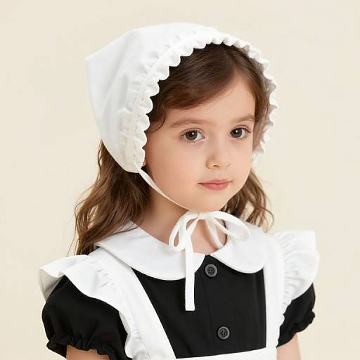 Photograph of a young girl with light skin, brown eyes, and wavy brown hair, wearing a black maid dress with white apron and head
