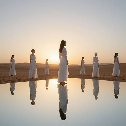 Photograph of seven women in white dresses standing in a desert at sunset, reflecting in a still water pool, silhouetted against the golden sky