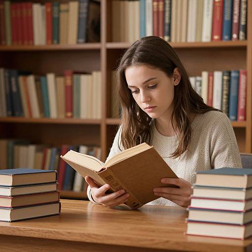 Photograph of a young woman with long brown hair, wearing a white sweater, reading a book in a library, with stacked books on a wooden table