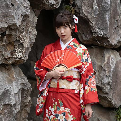 Asian Woman in Red Floral Kimono with Fan