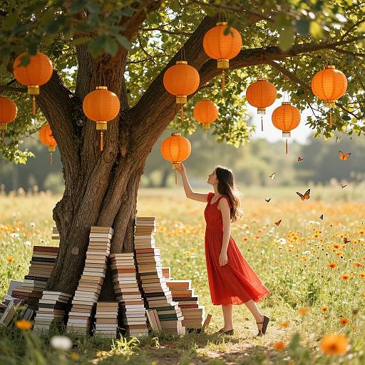 Photograph of a woman in a red dress, touching an orange lantern on a tree, surrounded by books and butterflies in a sunlit meadow.