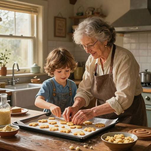 Photograph of elderly woman with white hair and glasses, wearing apron, baking with young boy in blue shirt, sunny kitchen.