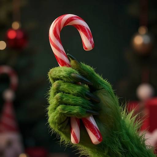 Photograph of a green, furry hand gripping a red and white striped candy cane against a dark, blurred Christmas background.