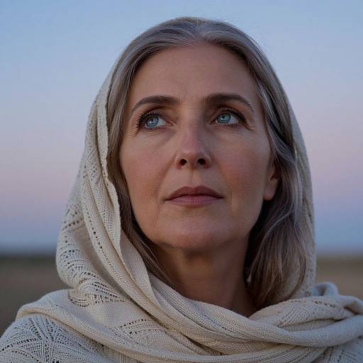 Photograph of a middle-aged woman with silver hair, blue eyes, and fair skin, wearing a white lace headscarf, gazing into the
