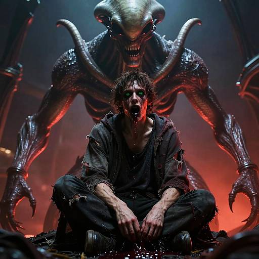 Photograph-like CGI: Terrified man with bloody face crouches in front of towering, menacing Xenomorph with glowing red eyes and sharp claws