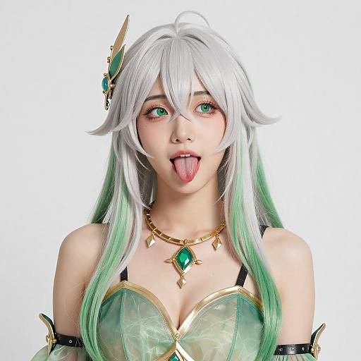 Playful Anime Woman with White-Green Hair