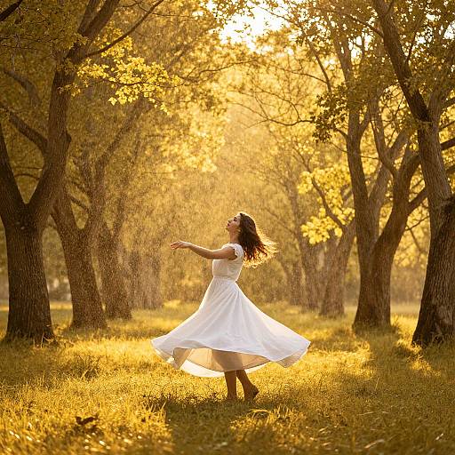 Photograph of a woman in a flowing white dress spinning in a sunlit, golden autumn forest, surrounded by tall trees.