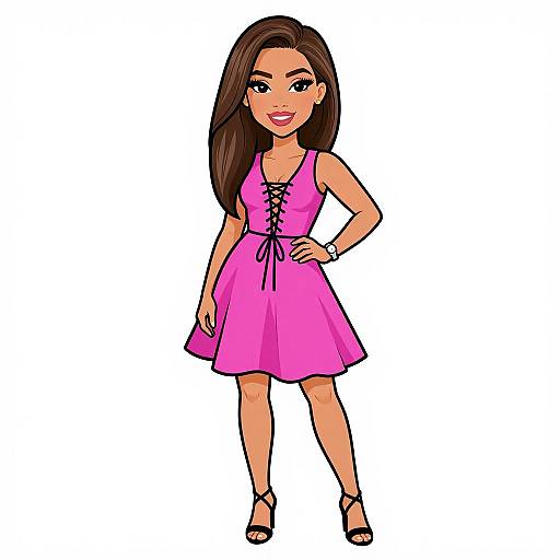 Cartoon-style drawing of a smiling woman with long brown hair, wearing a pink lace-up dress, black sandals, and a silver bracelet, standing confidently