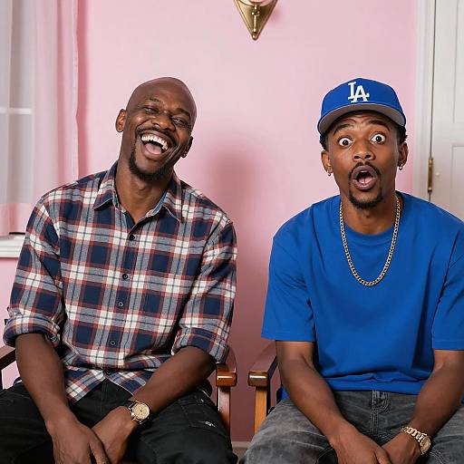 Two Black Men Expressing Joy and Surprise Indoors