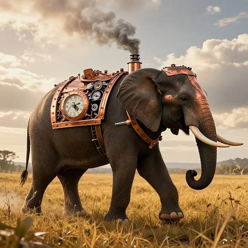 Photograph of a steampunk-style elephant with a brass clock, gears, and smokestack, walking through a golden grassy field at sunset.