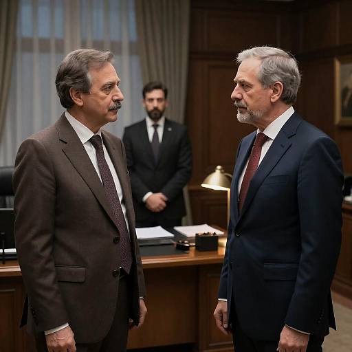 Serious Discussion in Dimly Lit Office