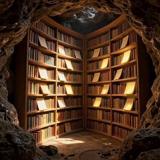 Photograph of a sunlit, wooden bookshelf corner inside a rocky cave, with golden sunlight streaming through books, casting warm shadows on the floor.