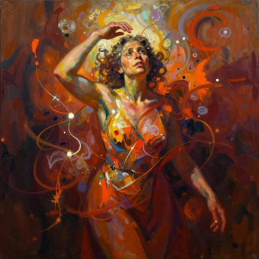 Abstract painting of a woman with glowing yellow light, surrounded by vibrant orange, red, and black swirls, with bubbles and lines, raising her hand