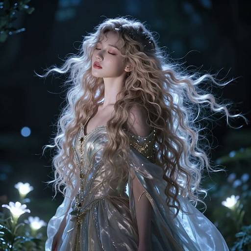 Photograph of a fair-skinned, blonde woman with long, wavy hair, wearing a shimmering, off-shoulder, silver gown,