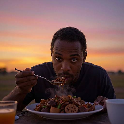 Photograph of a black man with short hair and beard, eating stir-fried food at sunset, holding a spoon, with a colorful sky backdrop and