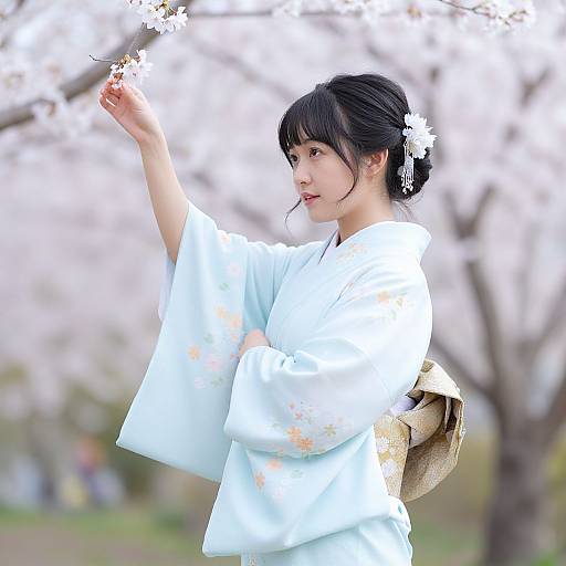 Photograph of an Asian woman in a white floral kimono, gently touching cherry blossoms, with a blurred pink cherry blossom background.
