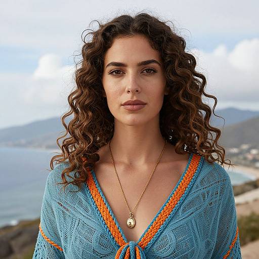 Photograph of a curly-haired woman with medium skin tone, wearing a blue knit top with orange trim, gold necklace, standing outdoors with a coastal landscape