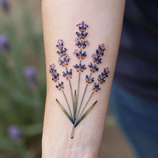 Photograph of a delicate lavender flower tattoo on pale skin, featuring small purple blooms with orange centers, green stems, and a soft blurred background.