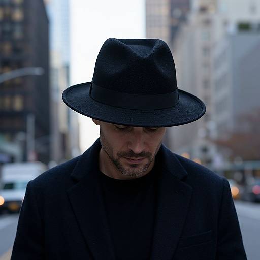 Photograph of a bearded man with a dark hat, black coat, and downcast eyes, standing in a blurred urban street.