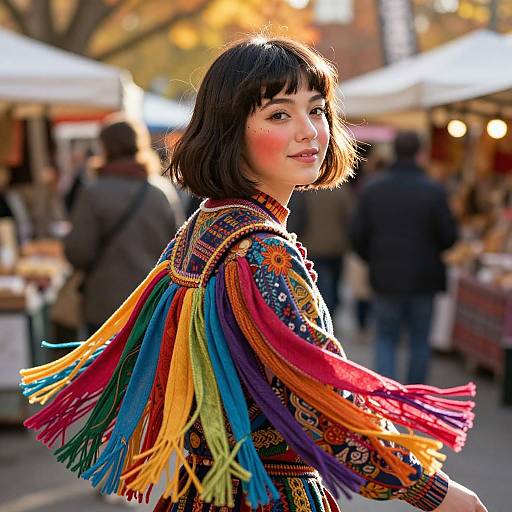 Photograph of a young woman with short black hair, wearing a colorful, fringed, embroidered jacket, smiling at a bustling outdoor market.