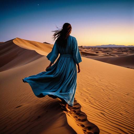 Woman Walking on Desert Dunes at Twilight