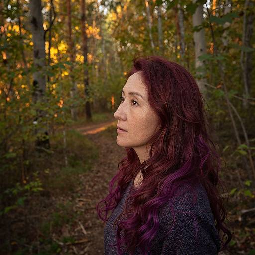 Photograph of a middle-aged woman with long, wavy, purple hair, wearing a dark sweater, standing in a forest path with autumn leaves and