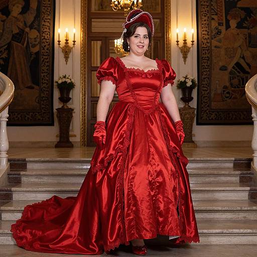 Photograph of a fair-skinned woman in a vibrant red Victorian-style gown with puffed sleeves and lace trim, standing on ornate stairs in a