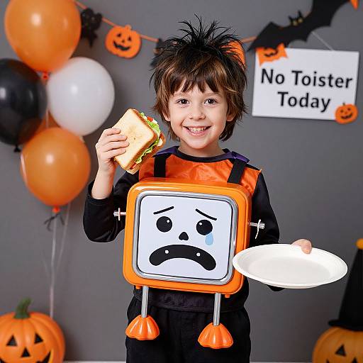 Playful Boy in Sad Toaster Costume