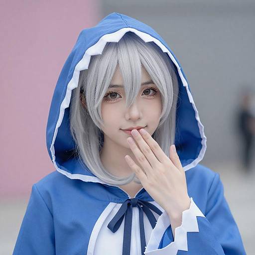Silver-Haired Woman in Blue Hooded Cosplay