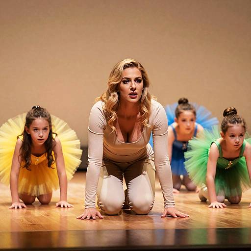 Woman and Young Ballerinas Crawling on Stage