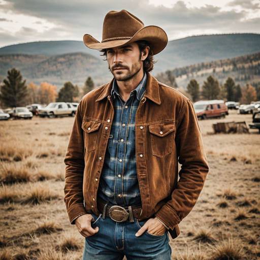 Rugged Cowboy in Plains with Mountain Background