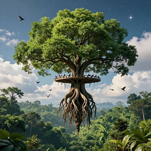 Photorealistic CGI of a towering, lush green tree with a circular platform at its base, surrounded by flying birds, set against a vibrant, cloud